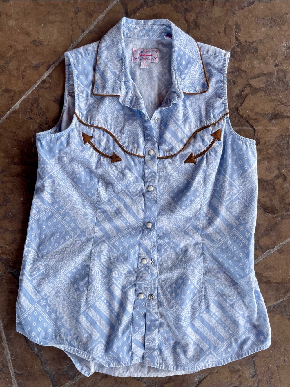Sleeveless Light Blue Bandana-Print Western Button-Down Top